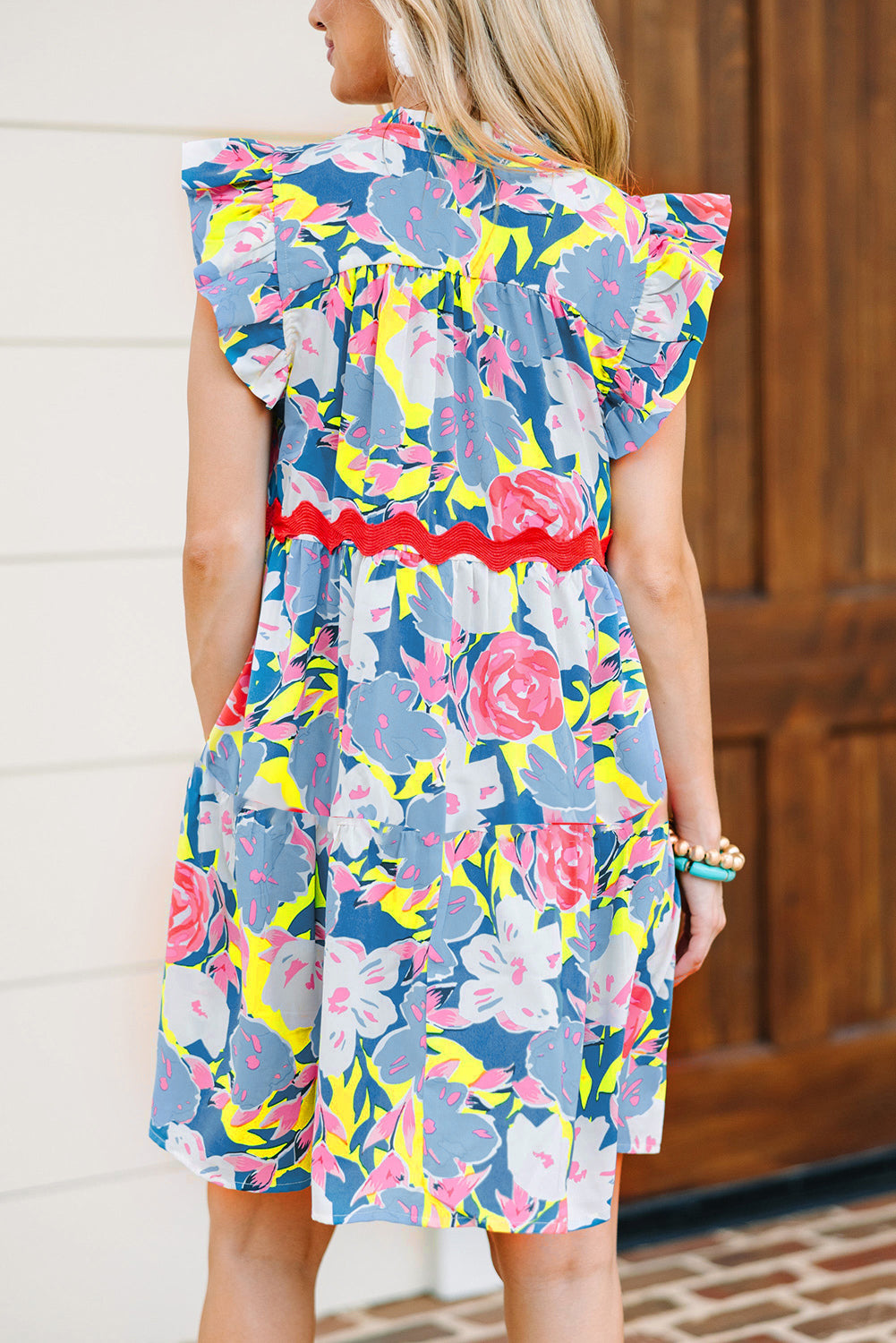 Sky Blue Floral Printed V Notched Ric Rac Flutter Sleeve Dress