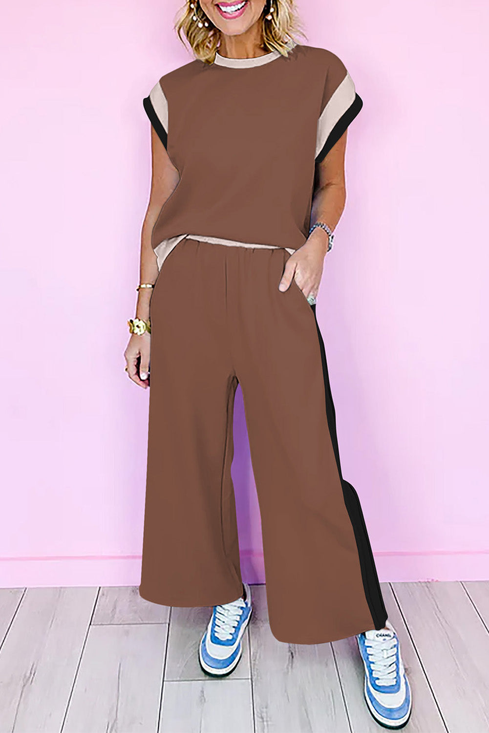 Chestnut Color Block Detail Casual Two-piece Outfit