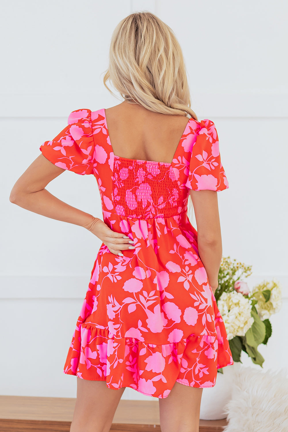 Red Floral Bubble Sleeve Sweetheart Neck Ruffled Mini Dress