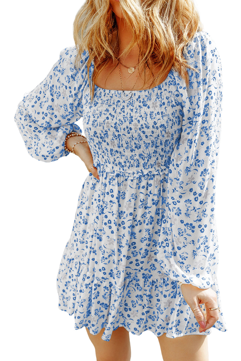 Light Blue Boho Floral Smocked Puff Sleeve Mini Dress