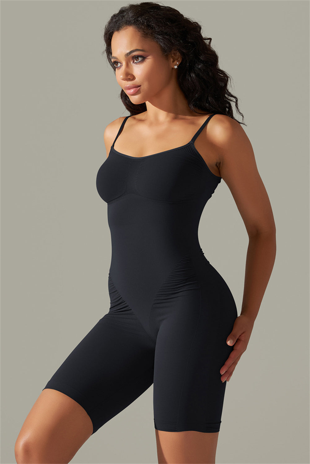 Black Solid Color Spaghetti Straps Push up Sports Romper