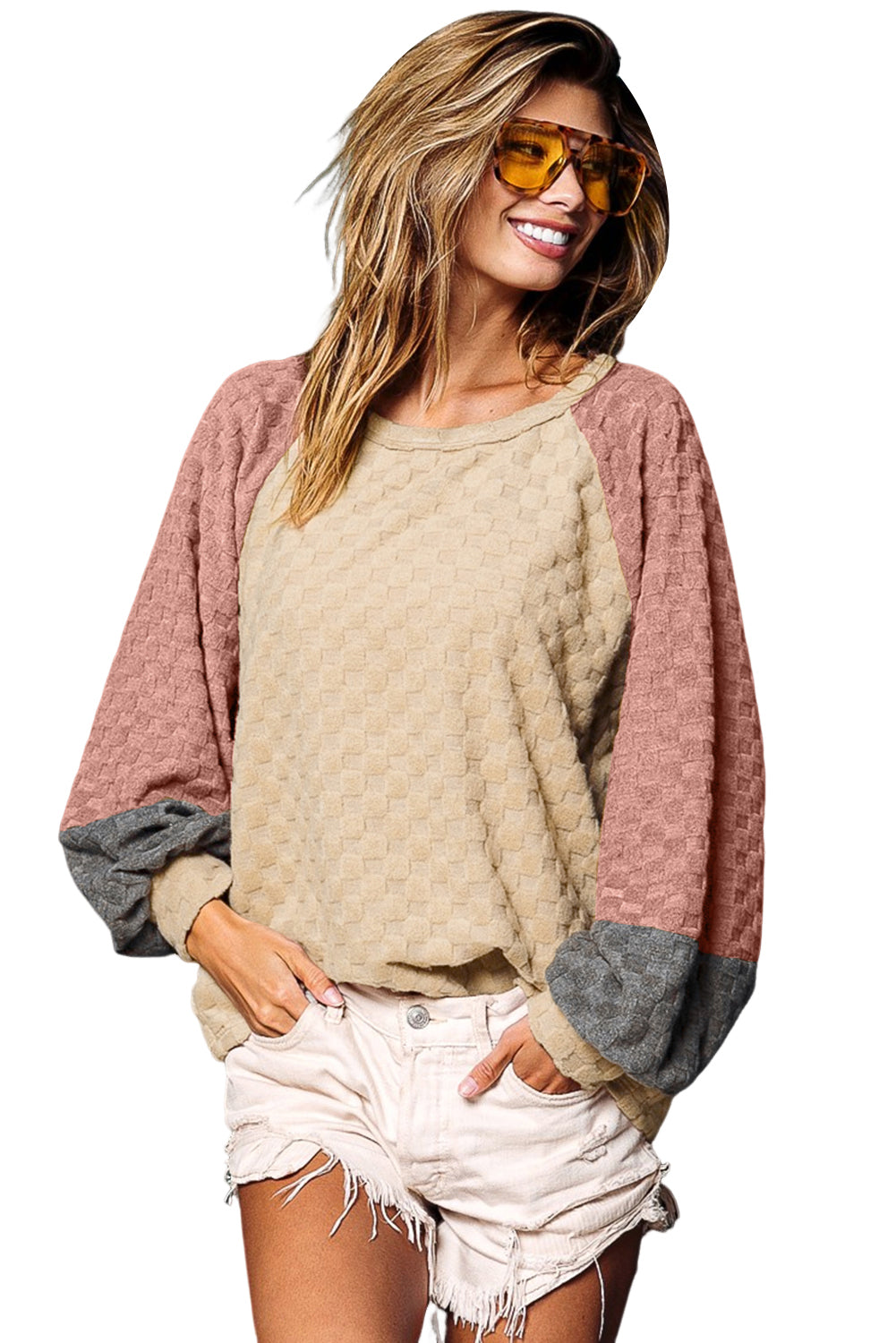 Parchment Colorblock Raglan Sleeve Textured Knit Top