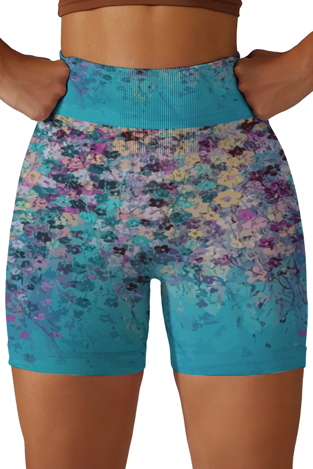 Sky Blue Abstract Floral Print Ribbed High Waist Yoga Shorts