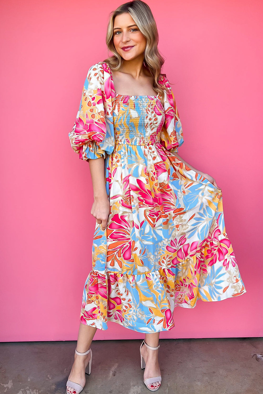 Rose Red Tropical Print Smocked Bodice Puff Sleeve Maxi Dress