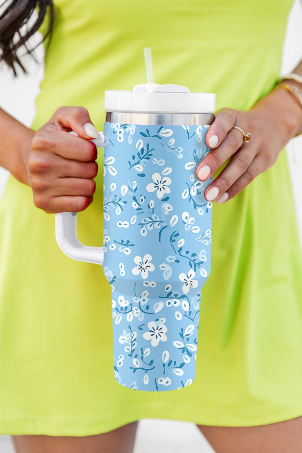 Light Blue Floral Print Stainless Steel Vacuum Cup 40oz