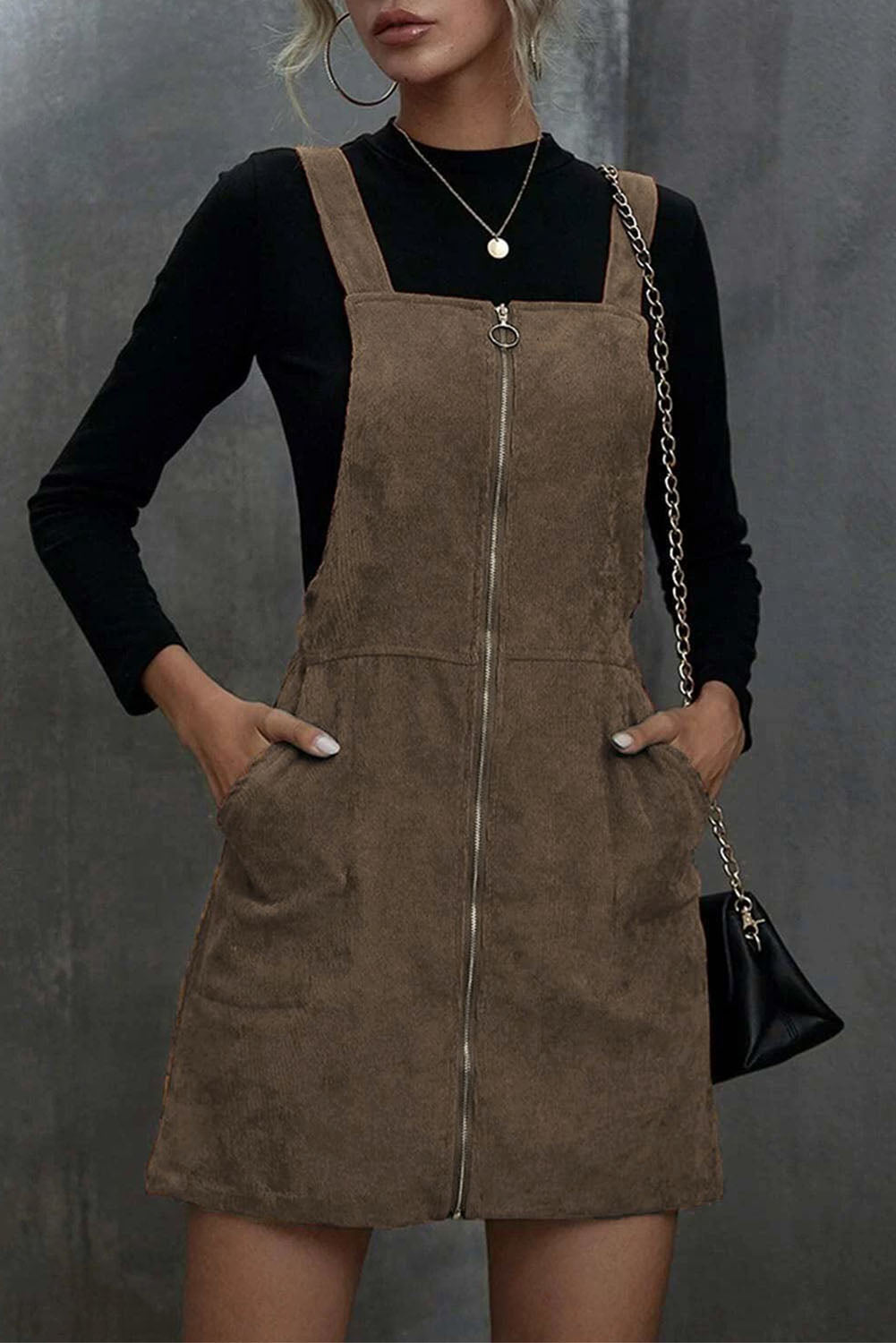 Brown O-ring Zip Up  Pocketed Corduroy Dress