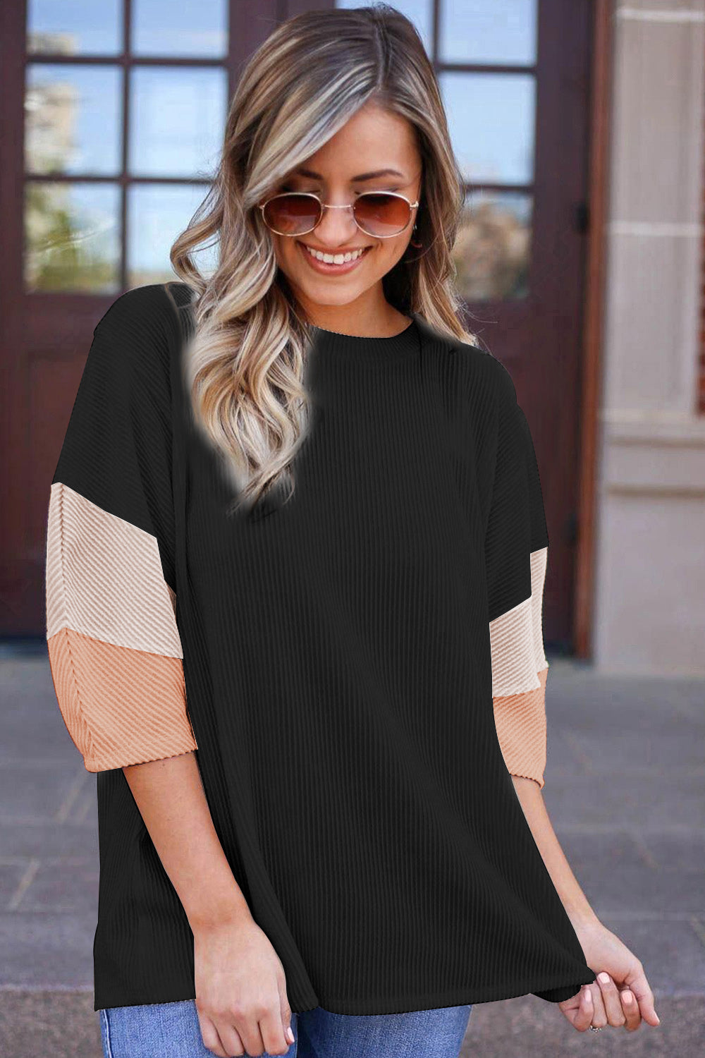 Carbon Grey Color Block Ribbed Knit Quarter Sleeve Top