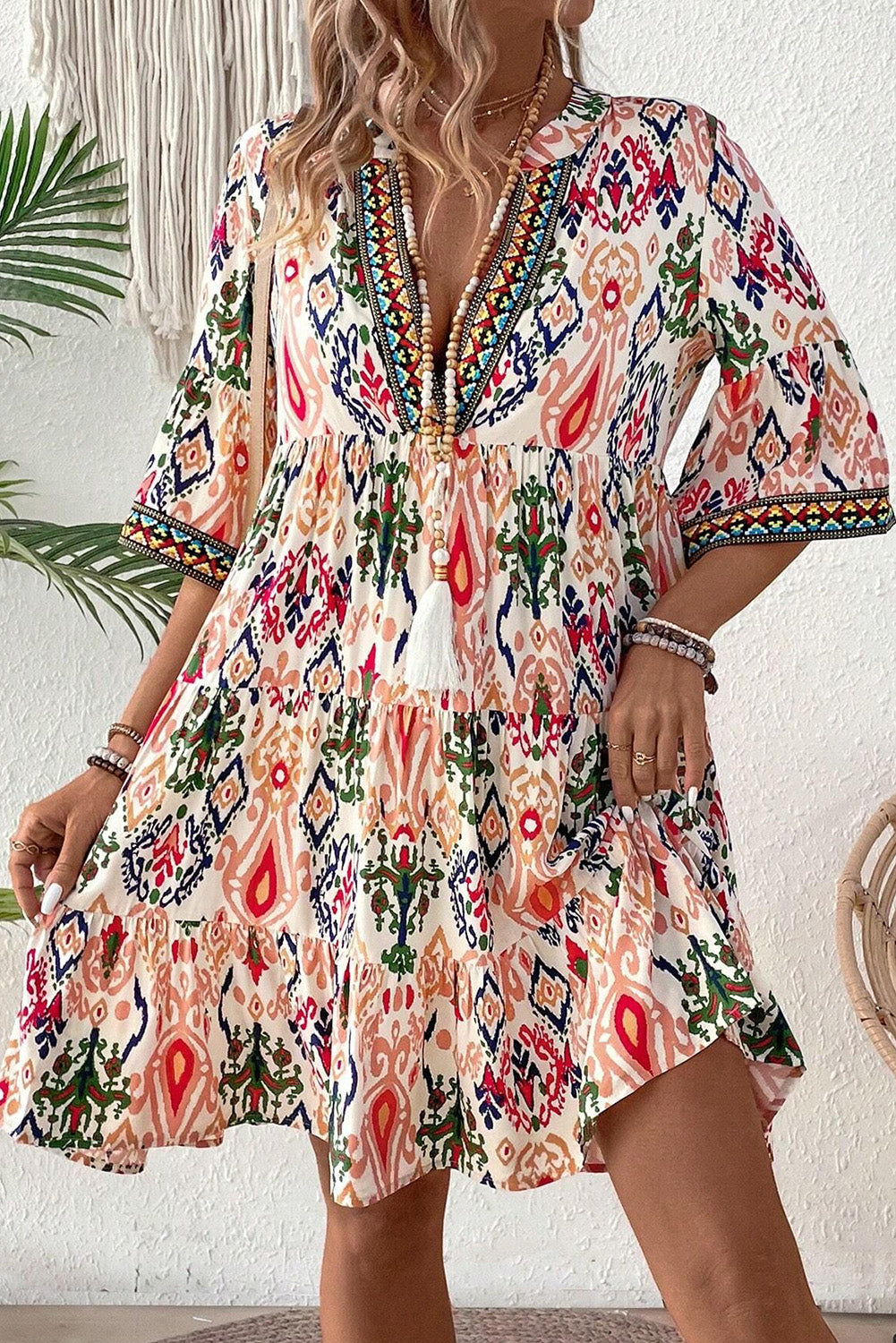 Multicolour Boho Print V Neck Bracelet Sleeve Mini Dress