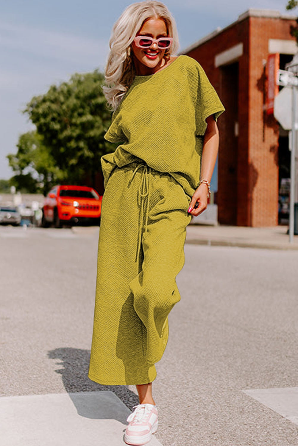 Textured Loose Fit T Shirt and Drawstring Pants Set