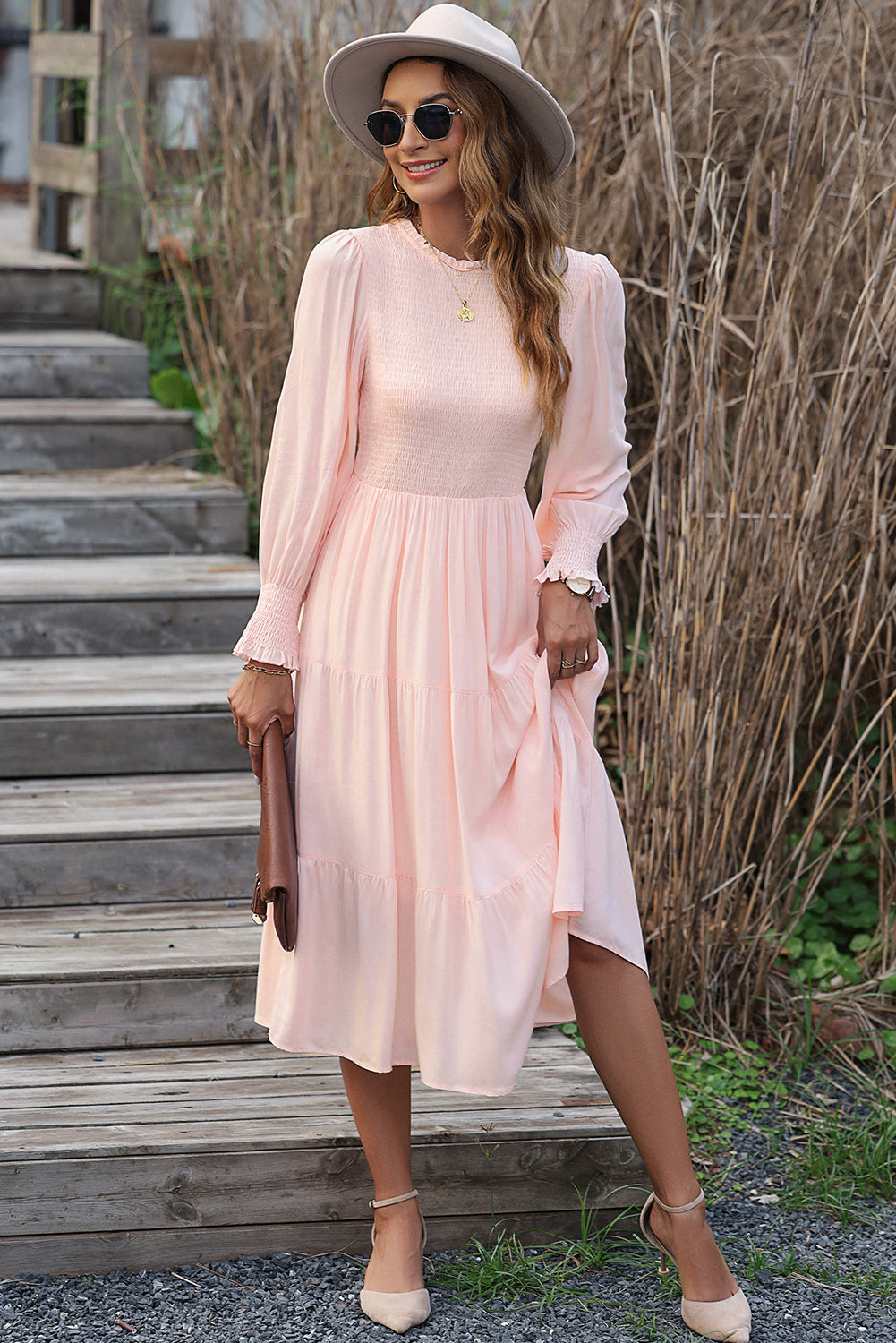 Smocked Bubble Sleeve Ruffle Tiered Midi Dress