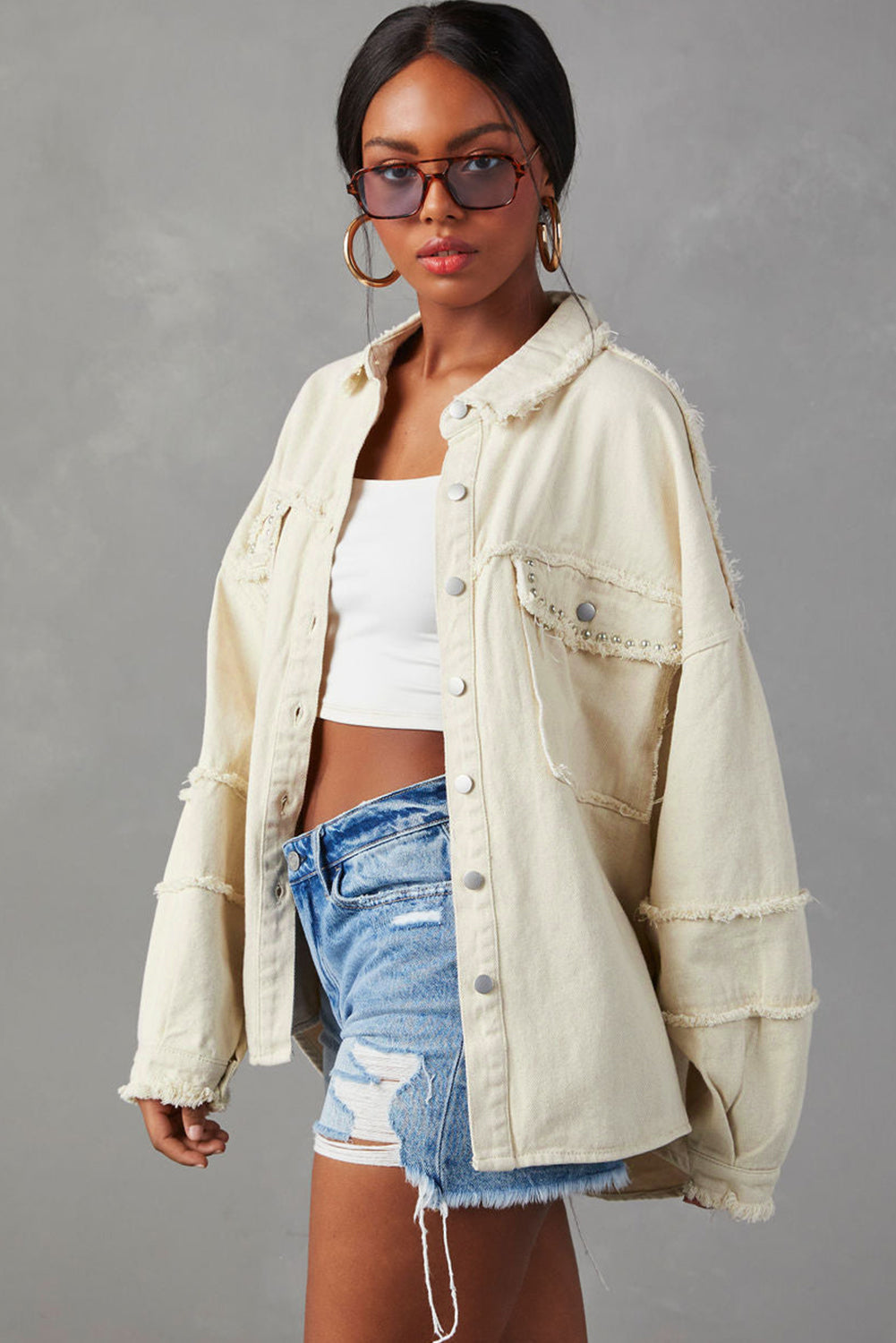 White Frayed Exposed Seam Denim Jacket