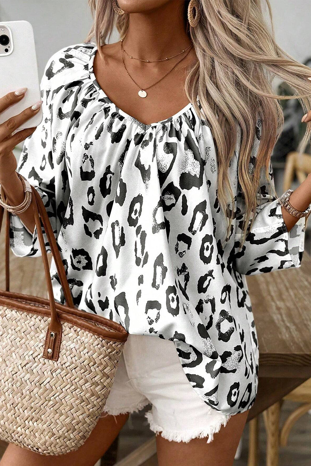 Black Leopard Print Ruched V Neck 3/4 Sleeve Blouse