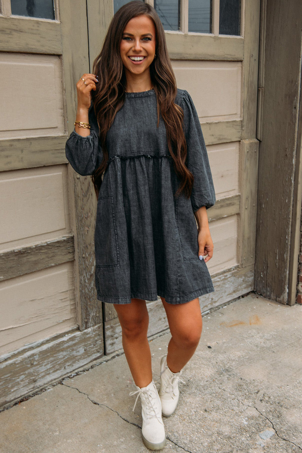 Black Balloon Sleeve High Waist Denim Dress