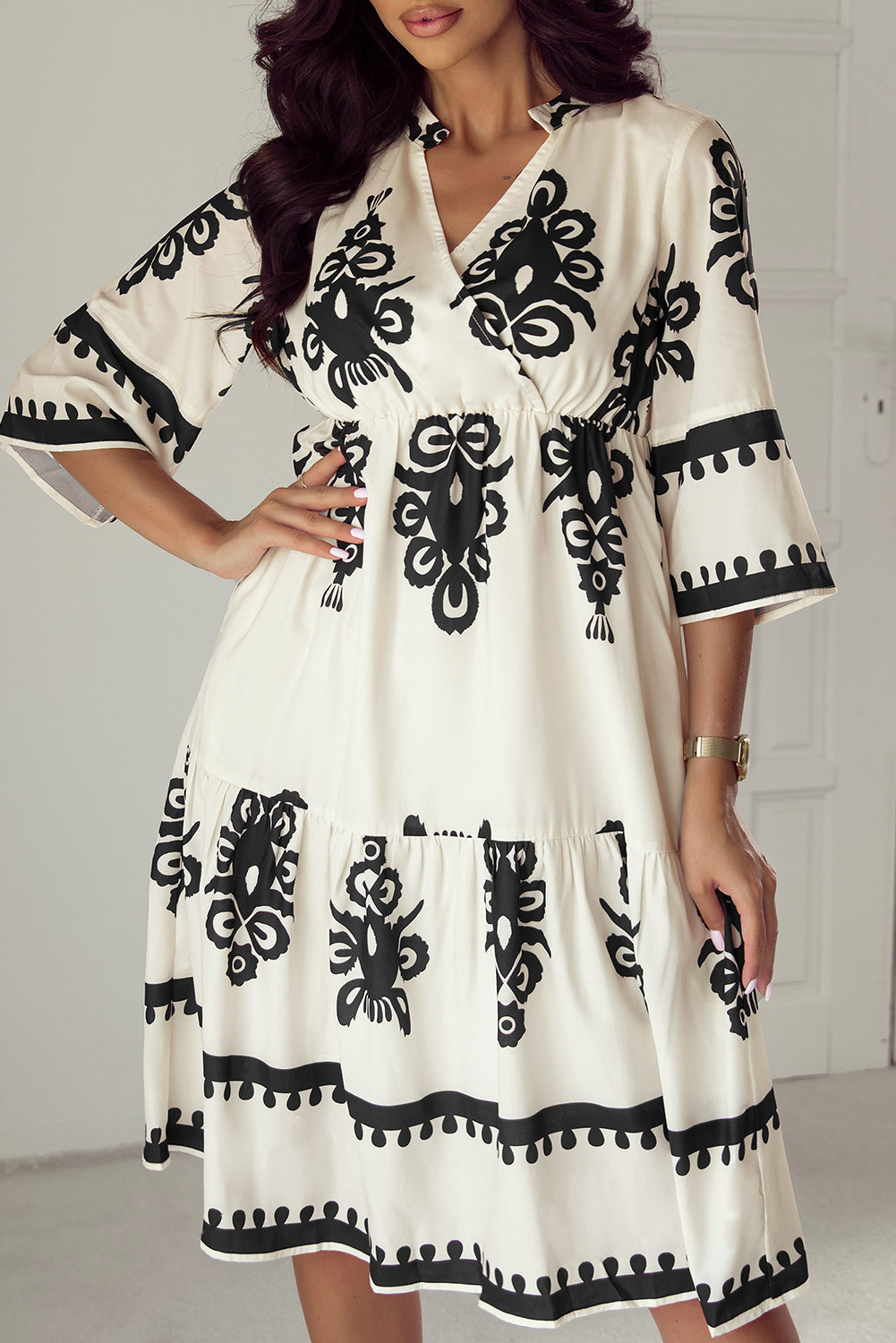 Beige Western Geometric Print 3/4 Sleeve Loose Midi Dress