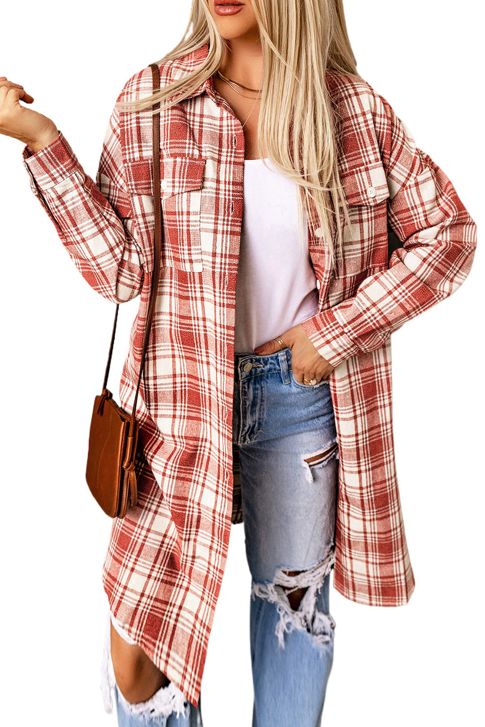 Fiery Red Plaid Print Button Long Shacket