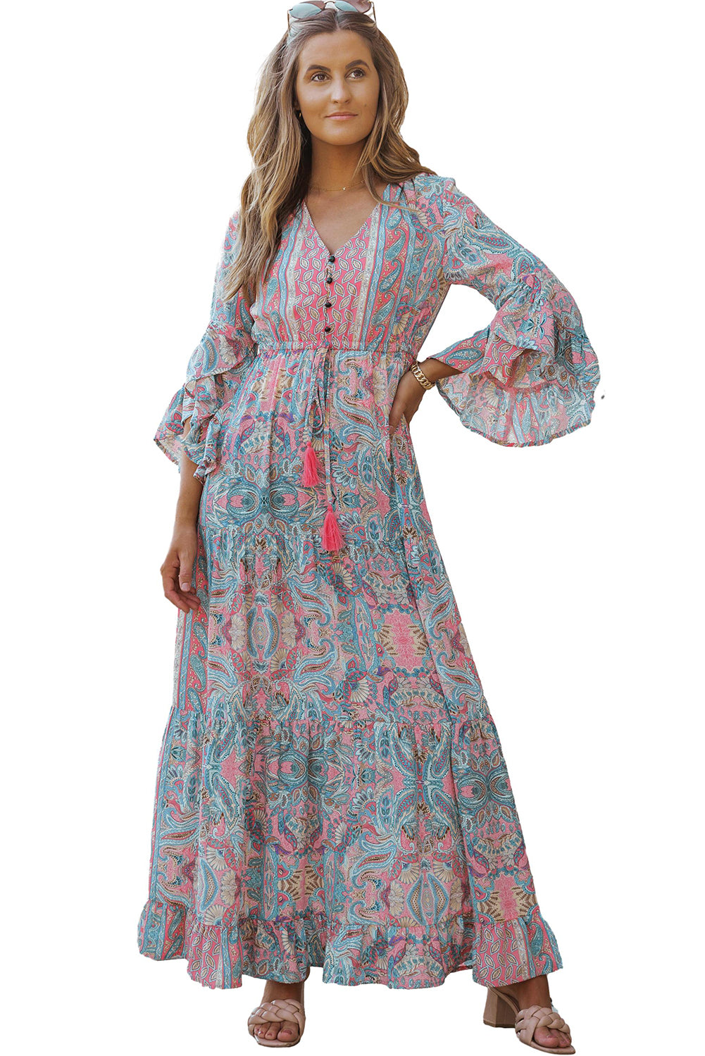 Green Paisley Printed Ruffle Trim Elegant Maxi Dress