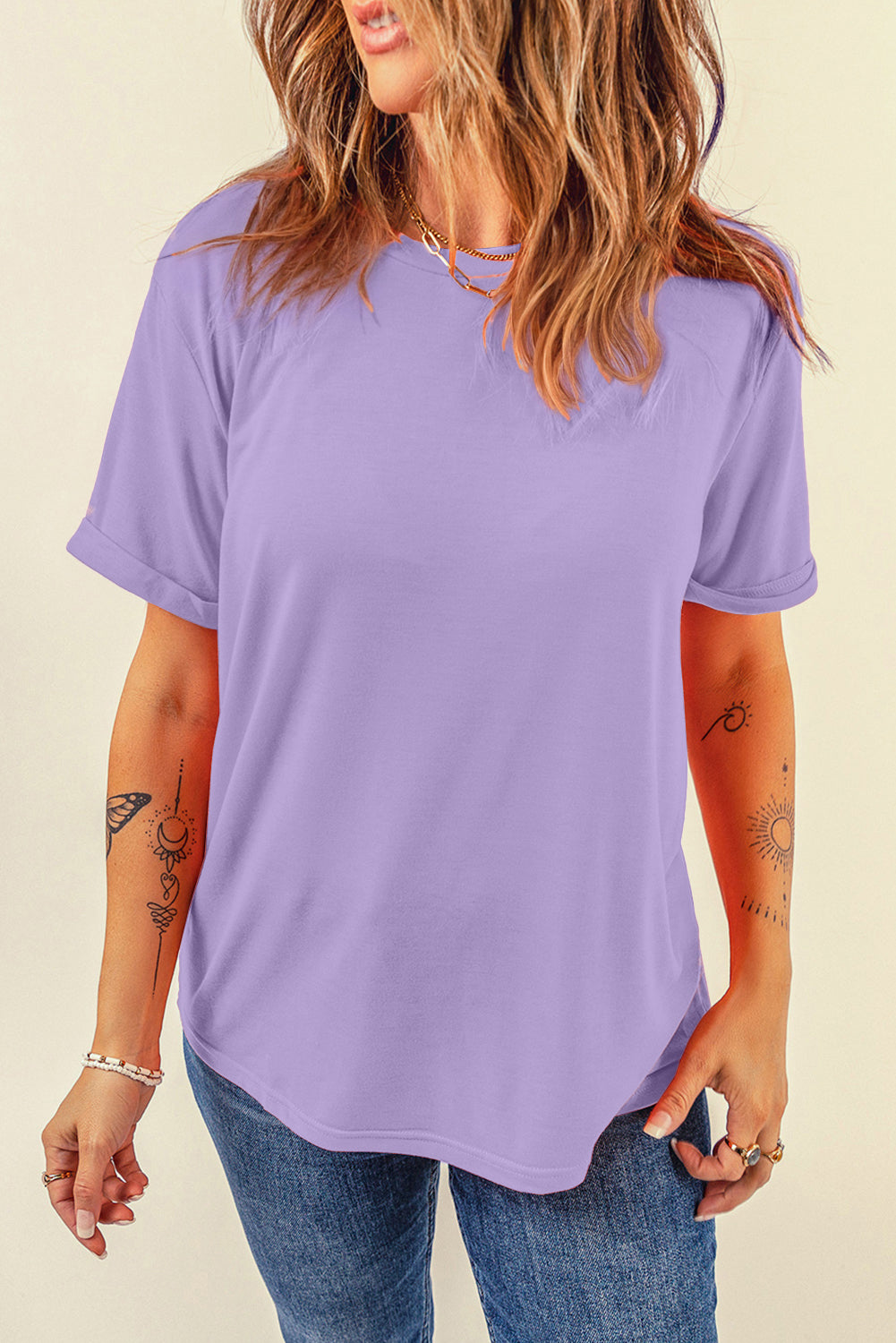 Wisteria Casual Plain Crew Neck Tee