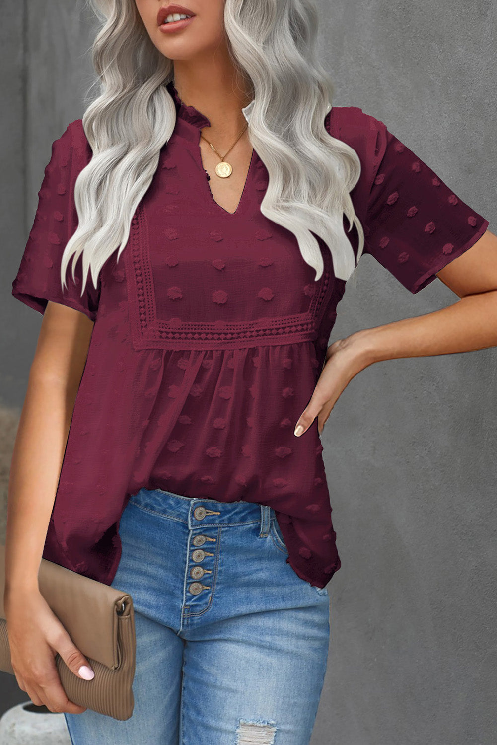 Burgundy Swiss Dot Short Sleeve Flowy Top