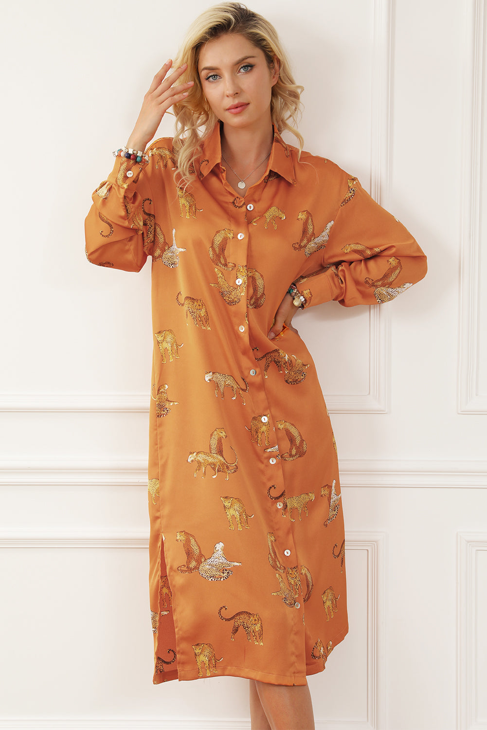 Mustard Cheetah Print Button-Up Split Shirt Dress