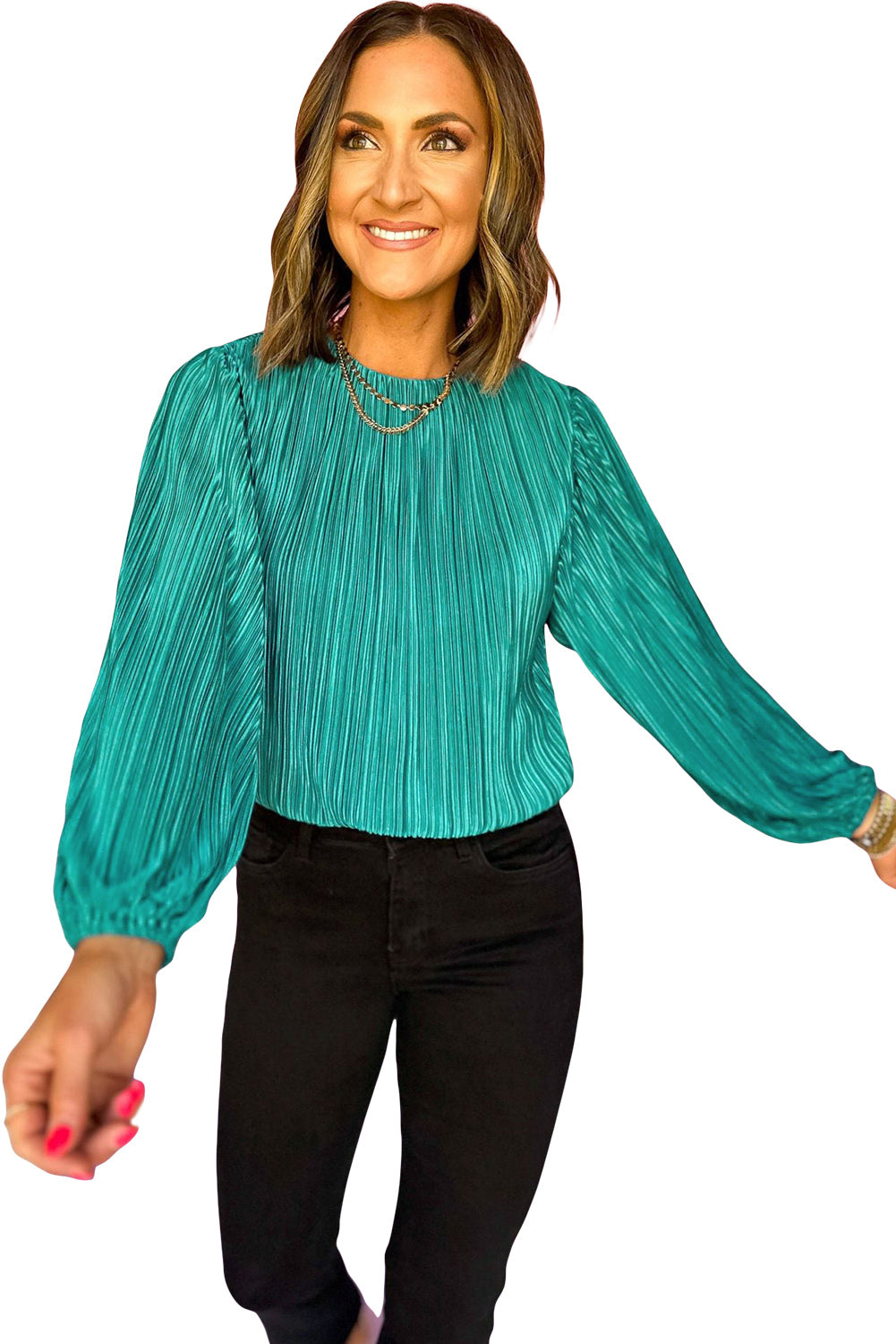 Sea Green Pleated Luster Long Sleeve Top