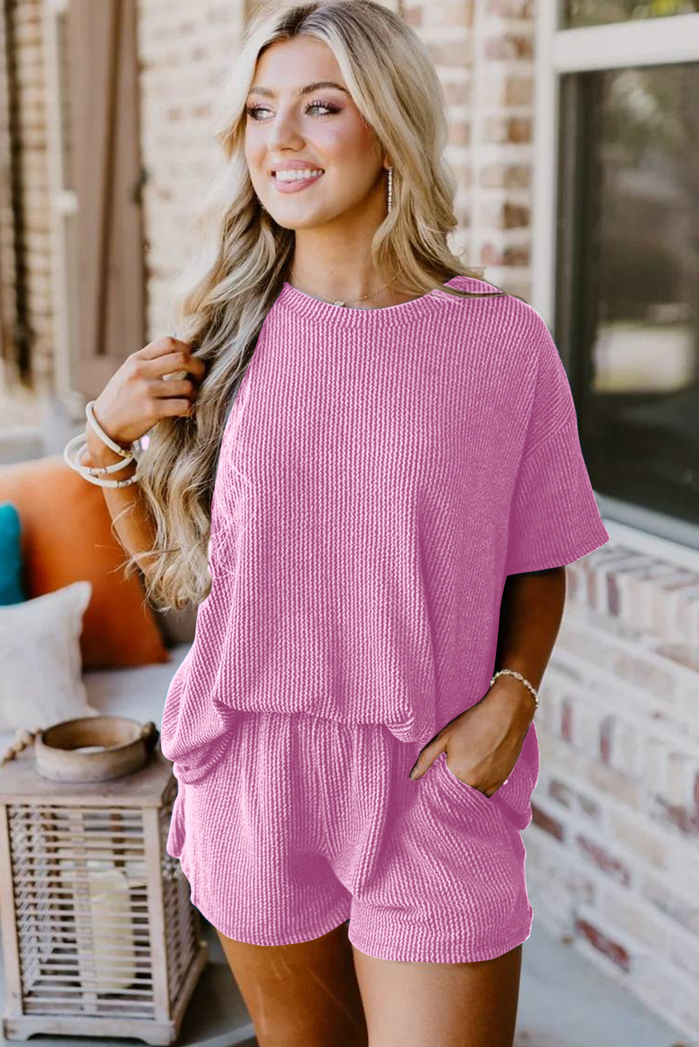 Phalaenopsis Ribbed Textured Knit Loose Fit Tee and Shorts Set