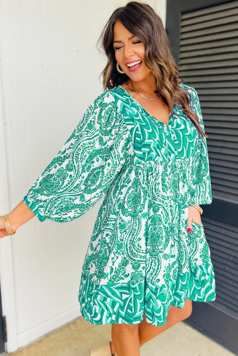 Green Bohemian Print Puff Sleeve Tied V Neck Flared Mini Dress