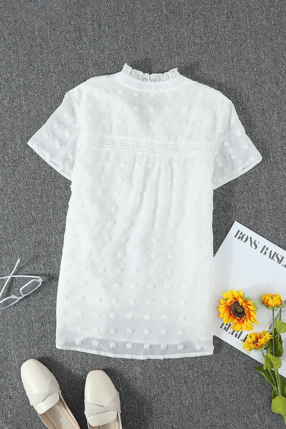 White Swiss Dot Short Sleeve Flowy Top