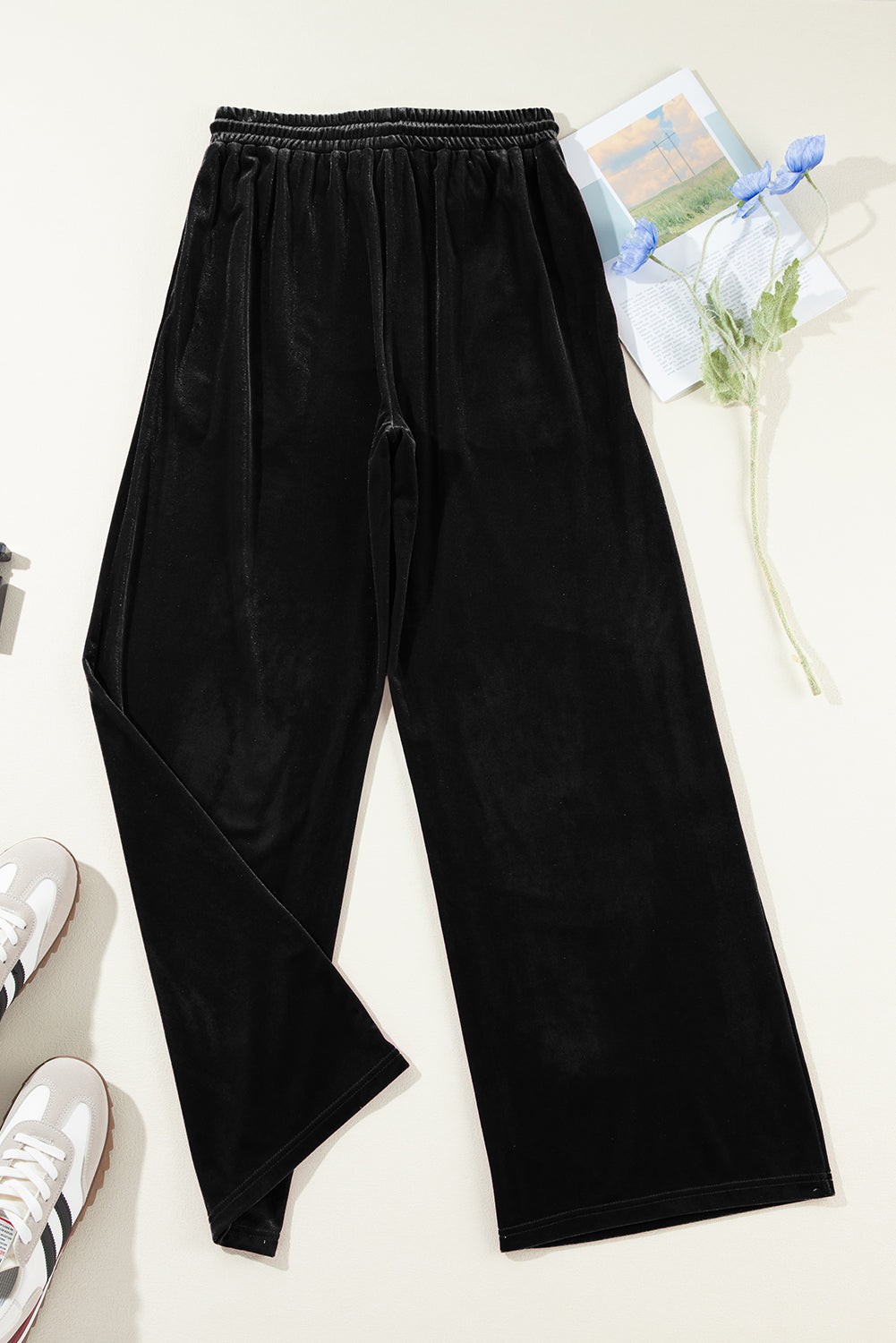 Black Solid Drawstring Waist Wide Leg Pants