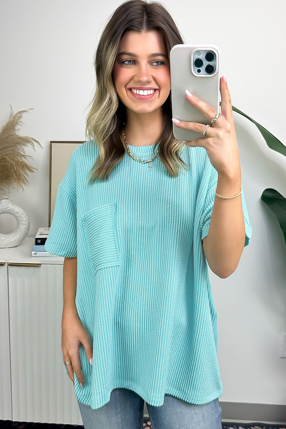 Turquoise Corded Knit Pocketed Loose Fit T Shirt