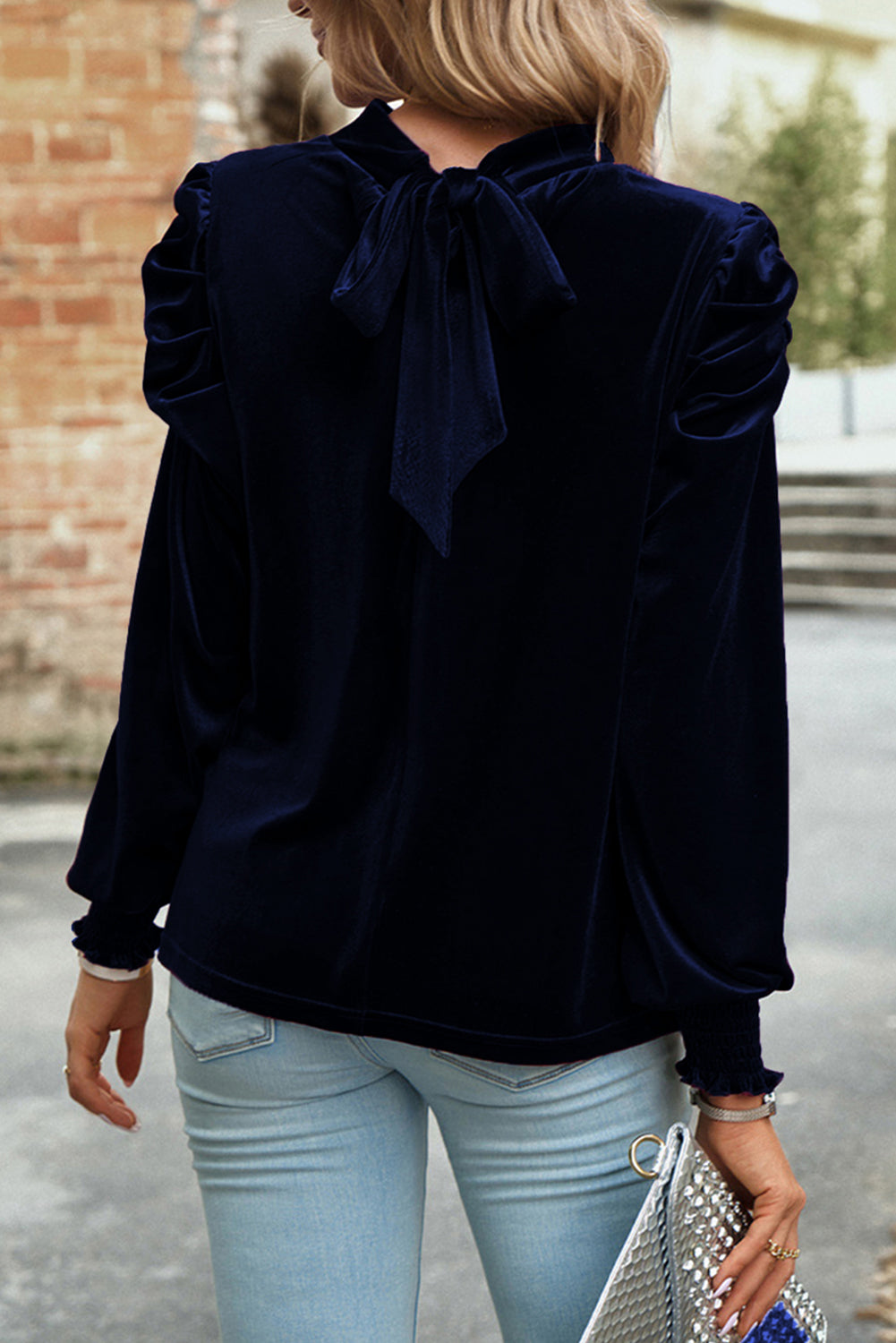 Navy Blue Mock Neck Puff Sleeve Velvet Blouse