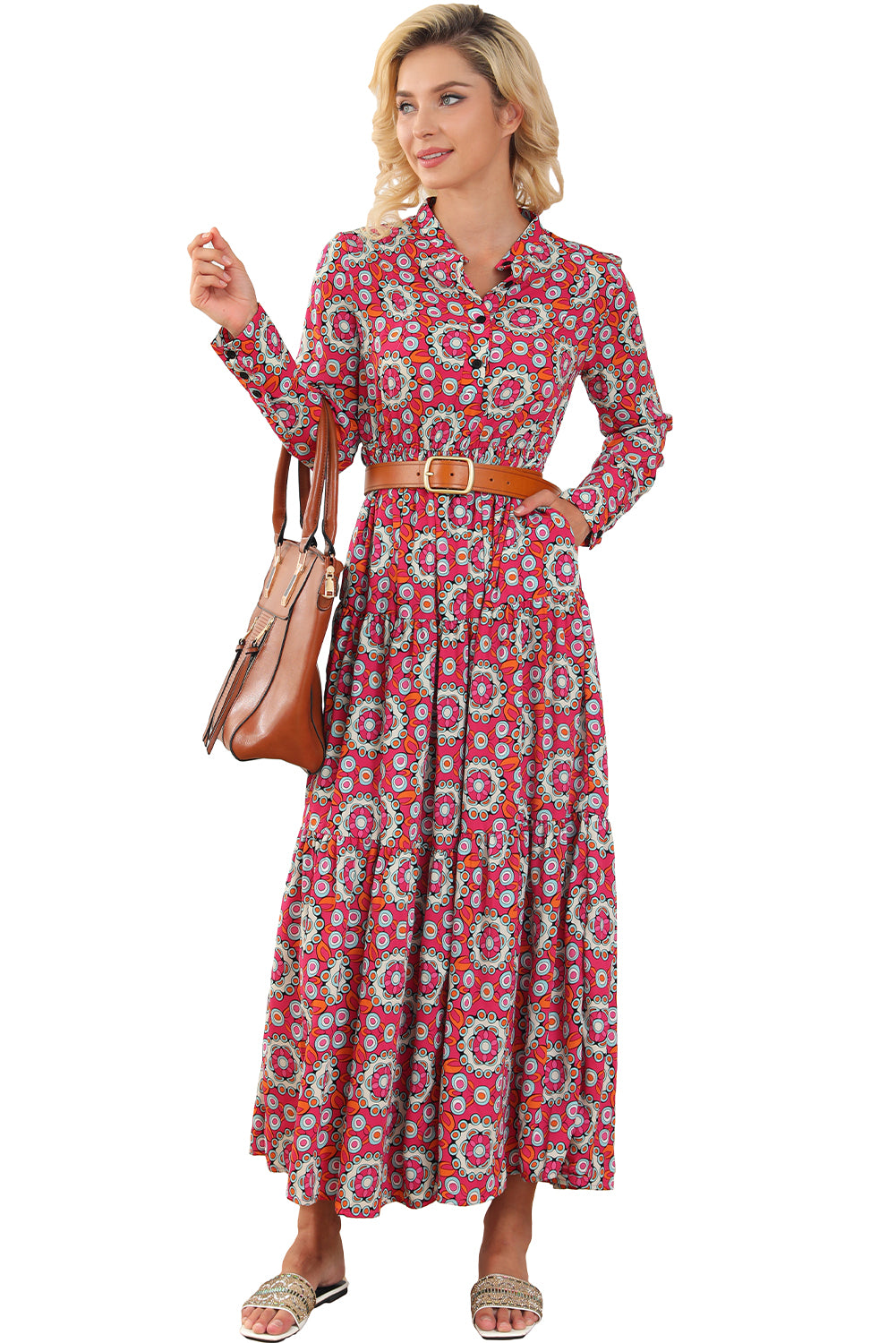 Floral Print Long Sleeve Shirt Bodice Flared Maxi Dress