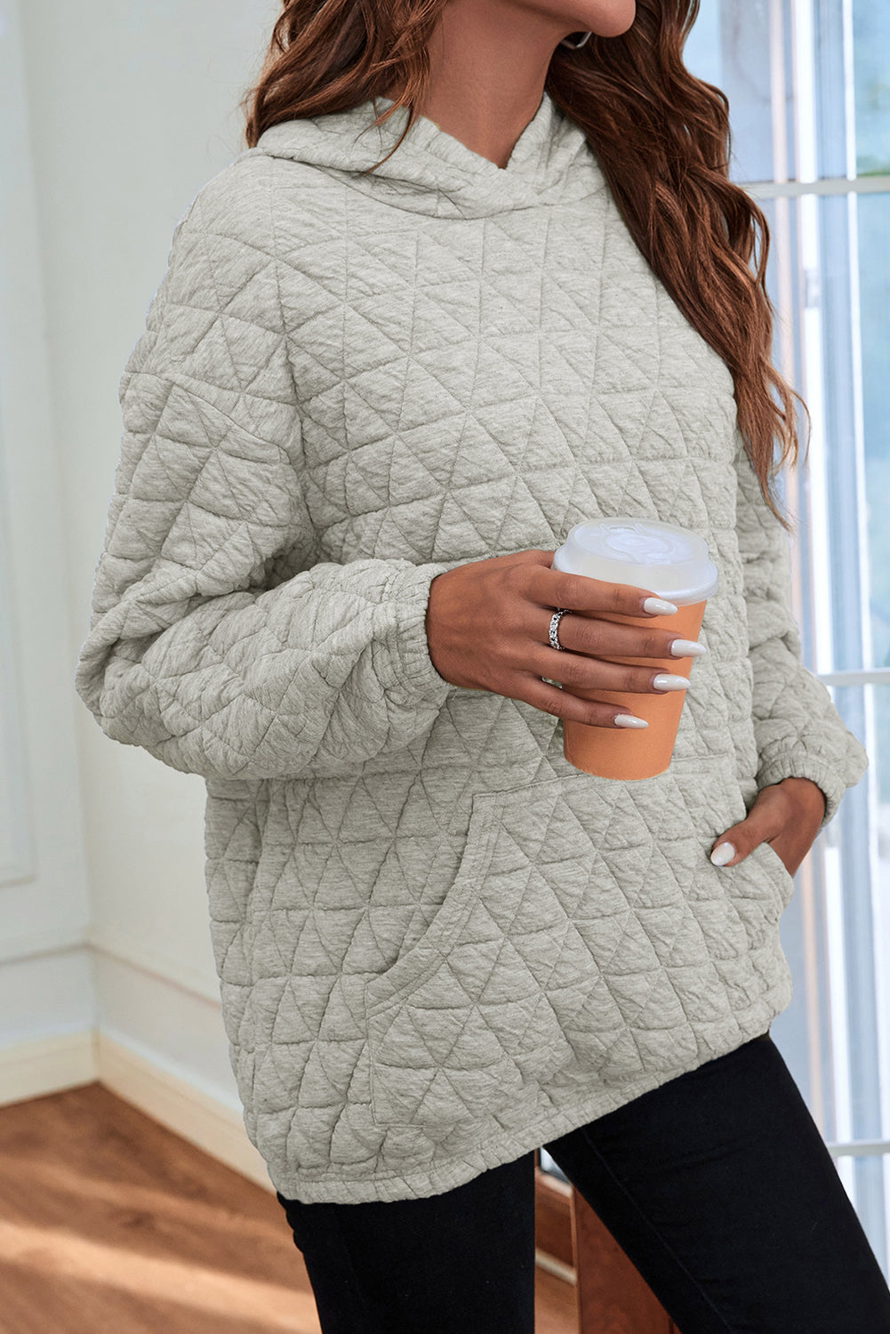 Light Grey Solid Color Quilted Kangaroo Pocket Hoodie