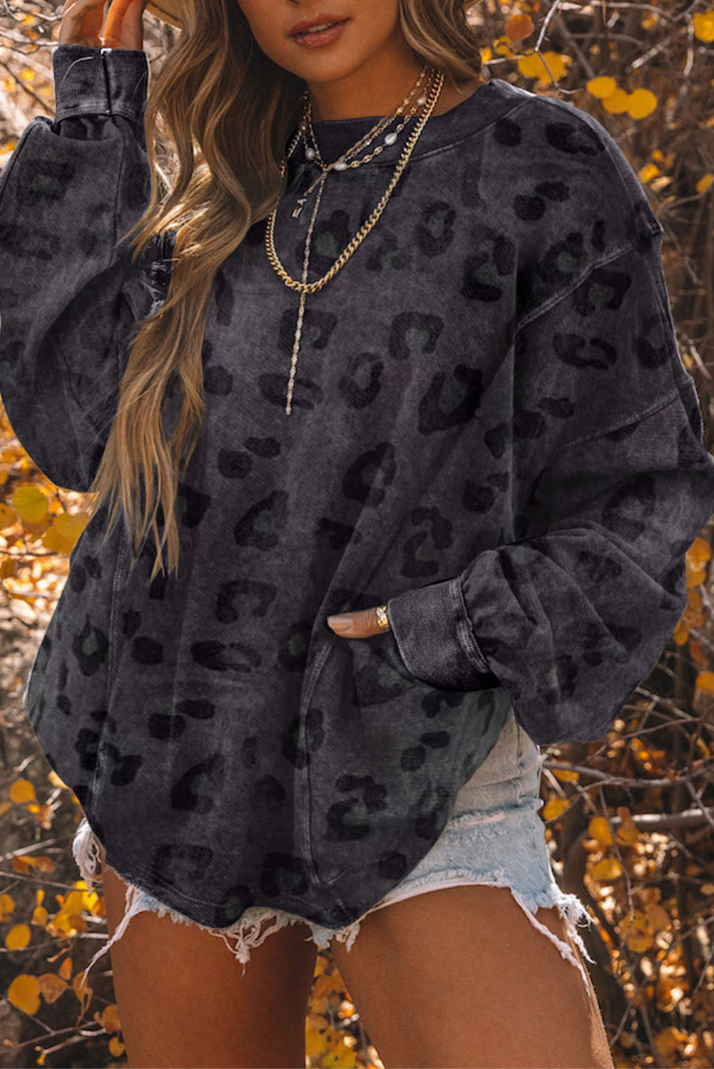 Carbon Grey Leopard Print Loose Fit Pullover Sweatshirt