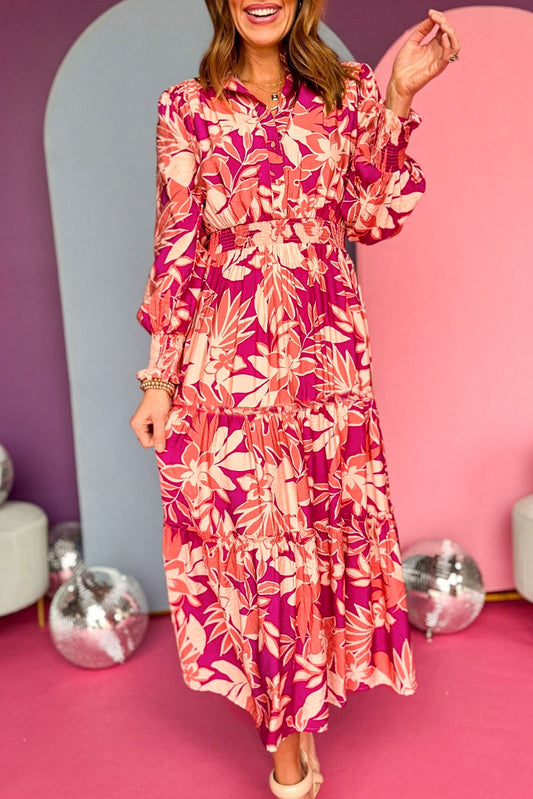 Rose Floral Print Buttoned Smocked High Waist Maxi Dress