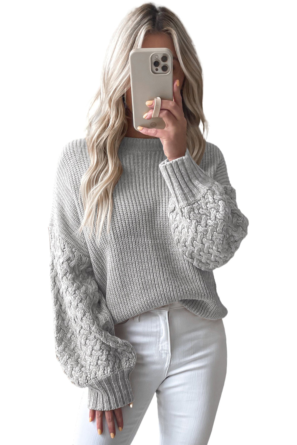 Light Grey Cable Knit Sleeve Drop Shoulder Sweater