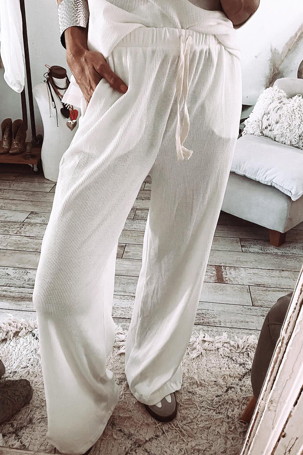 White Textured Long Sleeve T Shirt and Pants Lounge Set