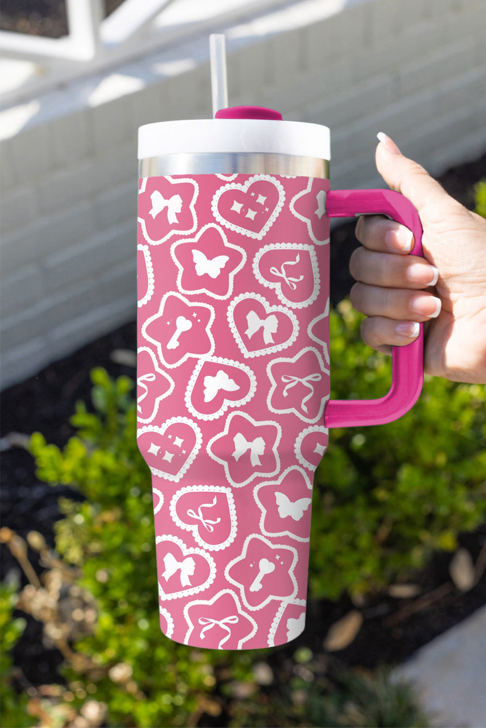 Rose Red Star Heart Shape Printed Thermos Cup with Handle 40oz
