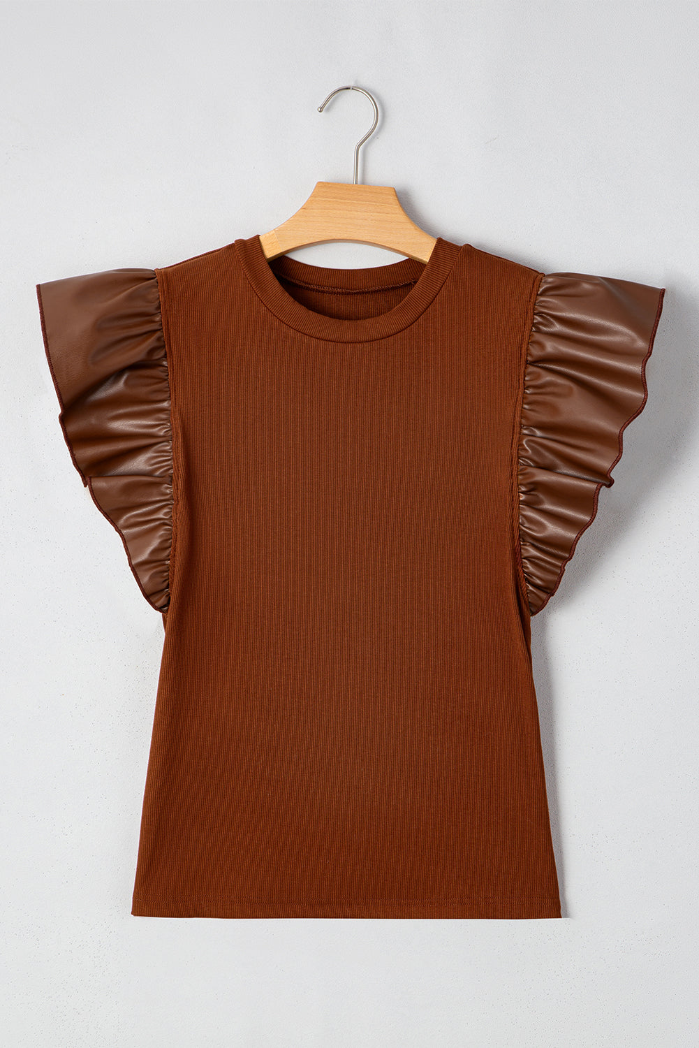 Cinnamon Leather Ruffle Sleeve Patchwork Round Neck Blouse