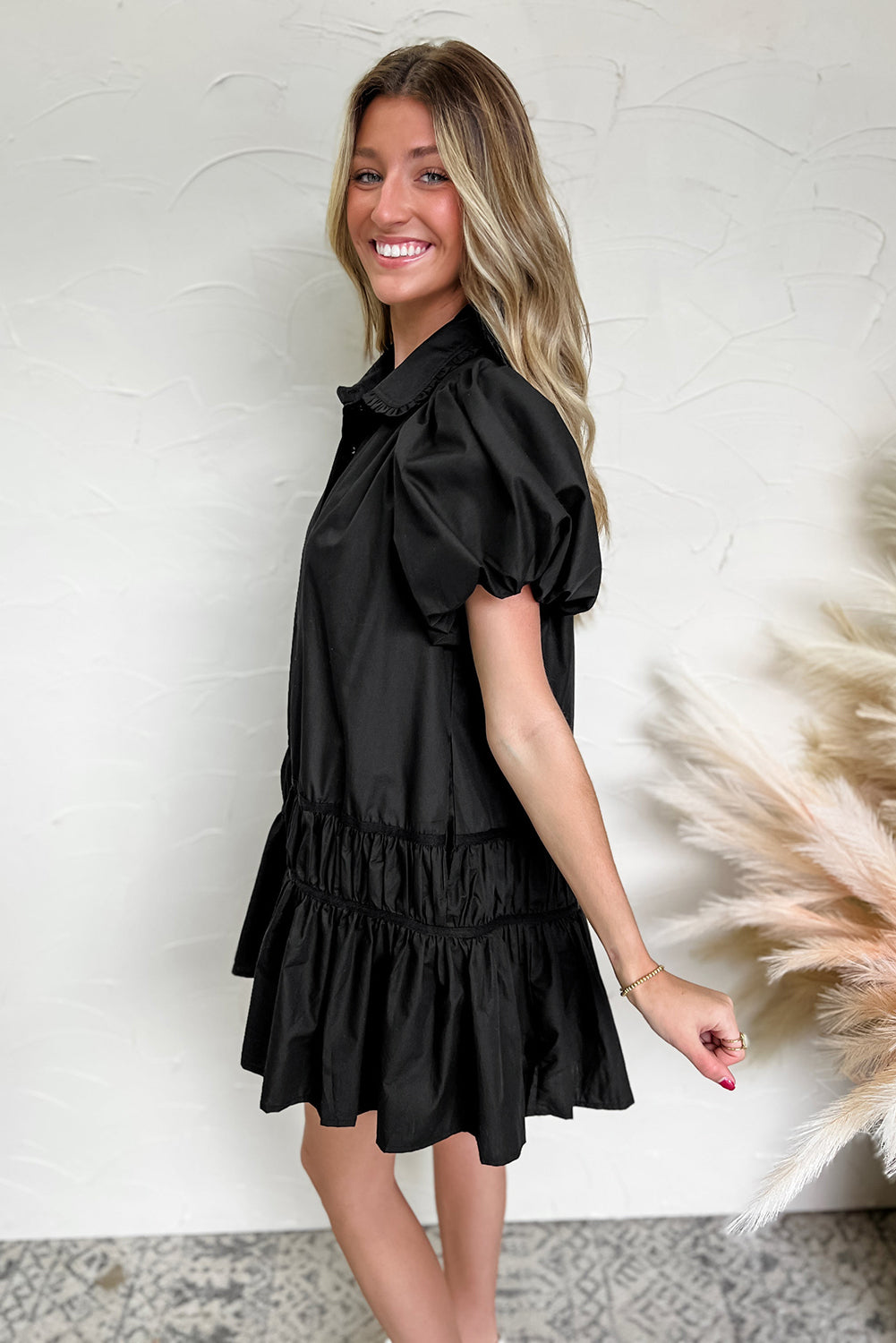 Black Shirt Style Button Down Puff Sleeve Ruffle Hem Dress