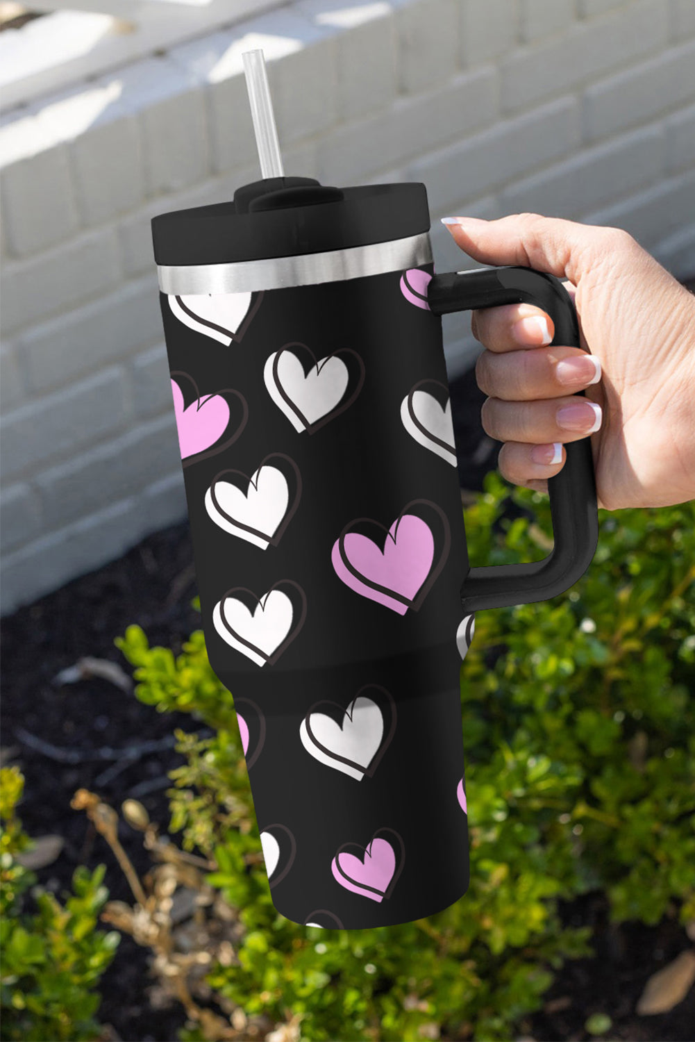 Black Valentines Heart Printed Thermos Cup with Handle 40oz