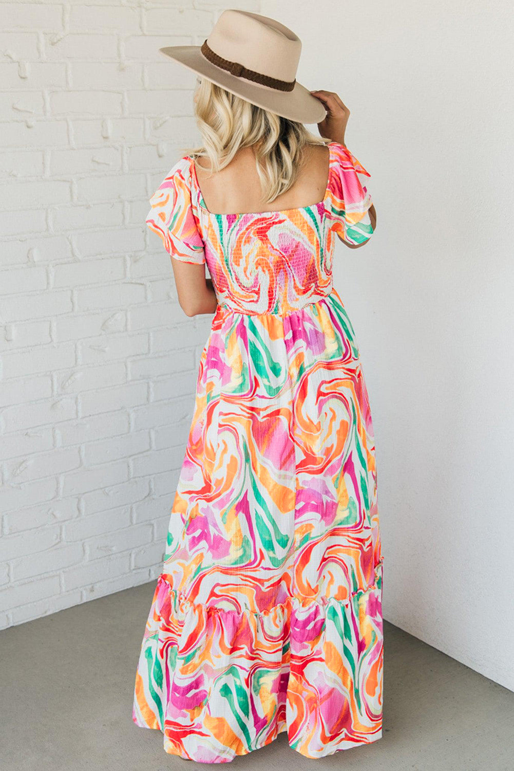 Pink Abstract Print Ruffled Sleeve Smocked Bust Maxi Dress