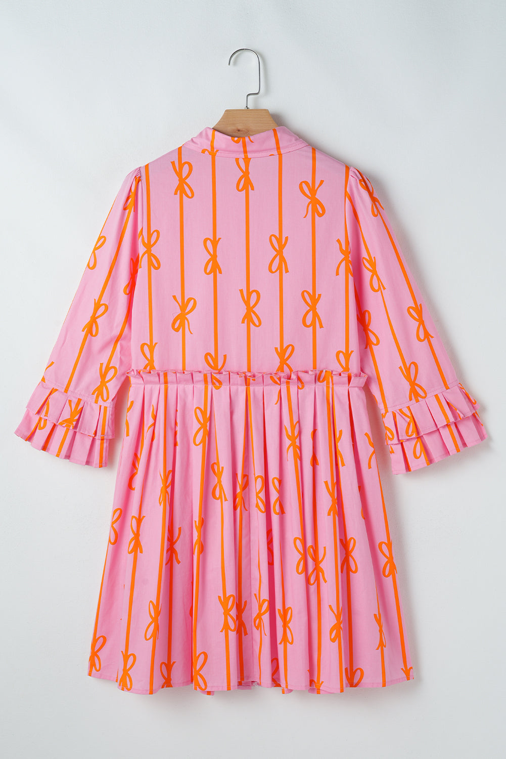 Pink Bowknot Striped Printed Tiered Ruffled Mini Shirt Dress