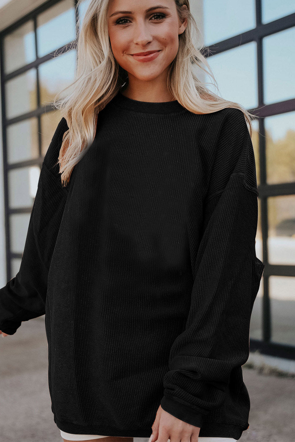 Black Ribbed Corded Oversized Sweatshirt