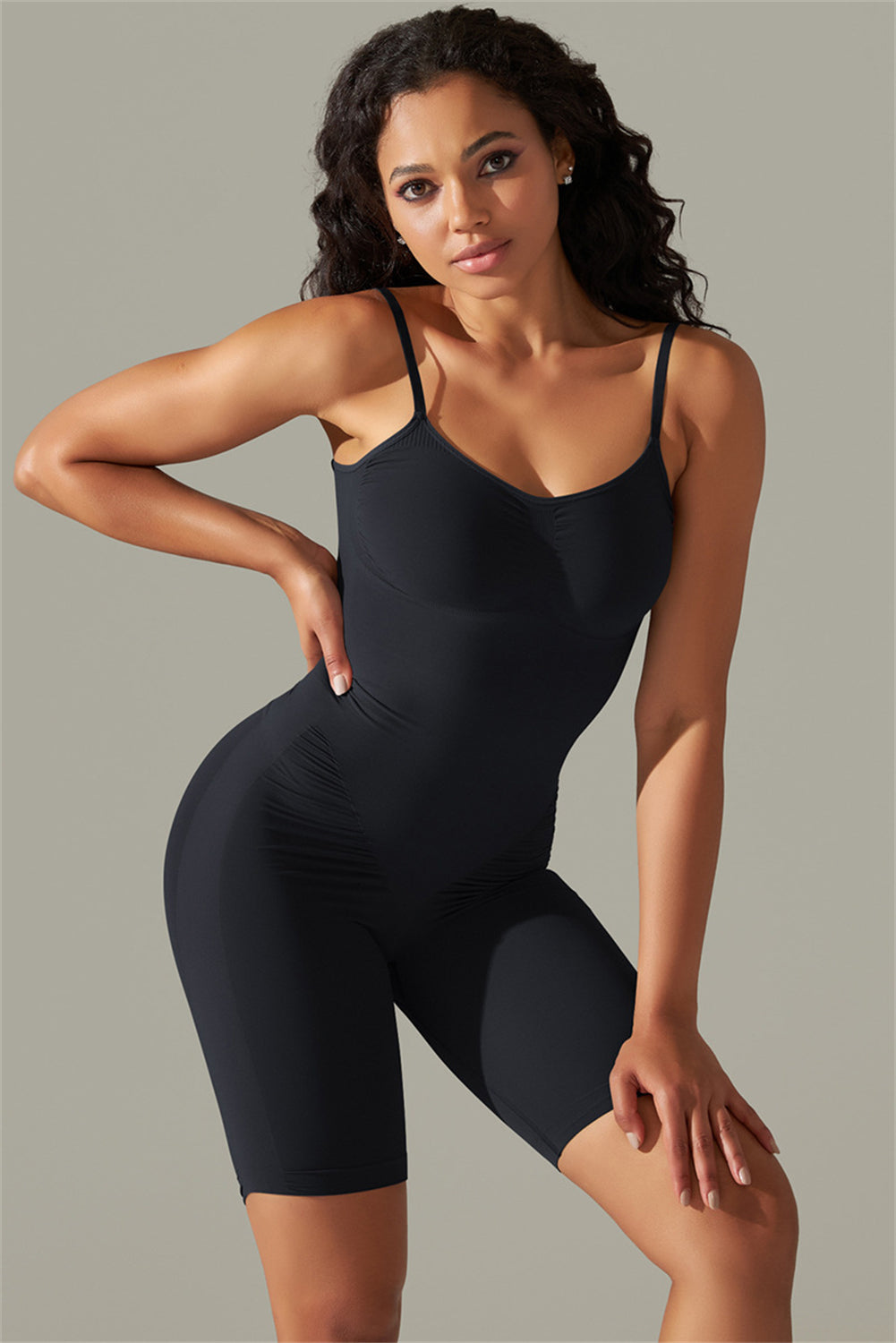 Black Solid Color Spaghetti Straps Push up Sports Romper