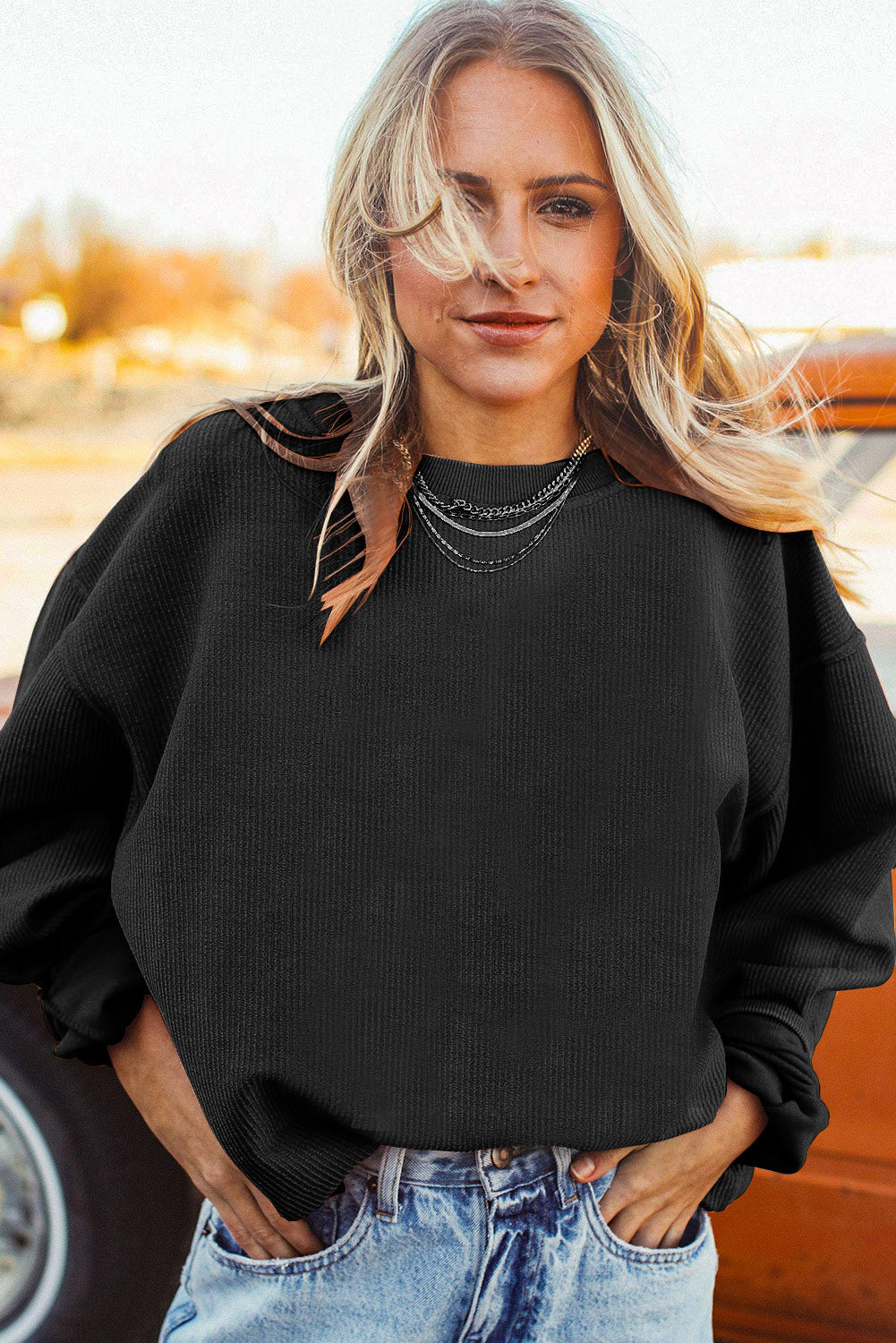 Black Ribbed Corded Oversized Sweatshirt