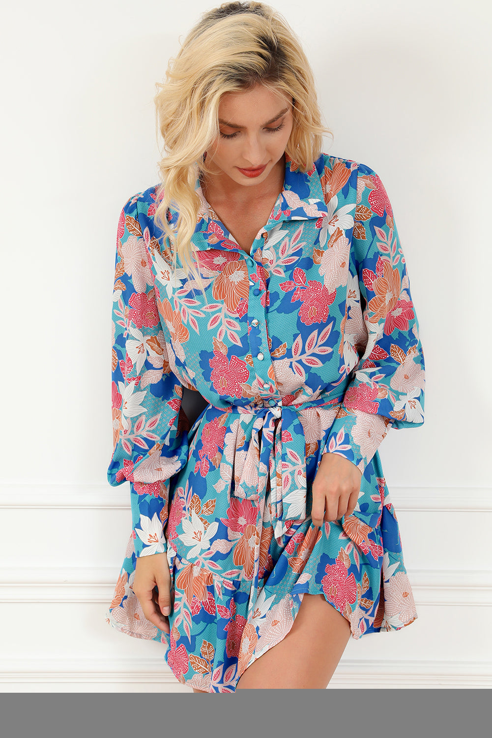 Blue Floral Print Lantern Sleeve Belted Shirt Dress