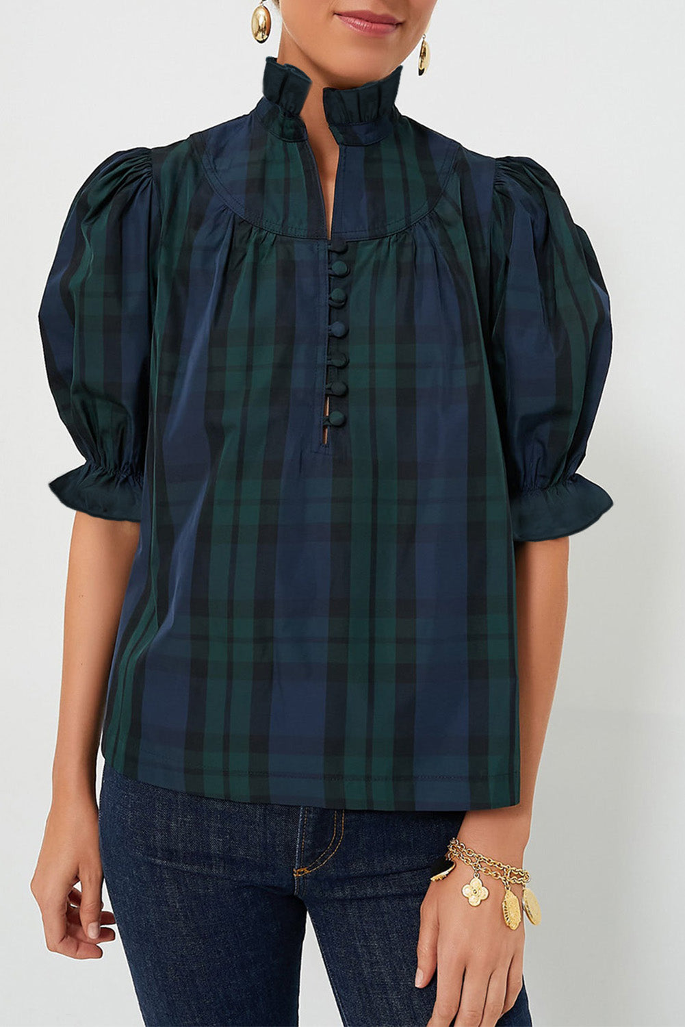 Green Stripe Plaid Puff Sleeve Frilled Trim Elegant Blouse