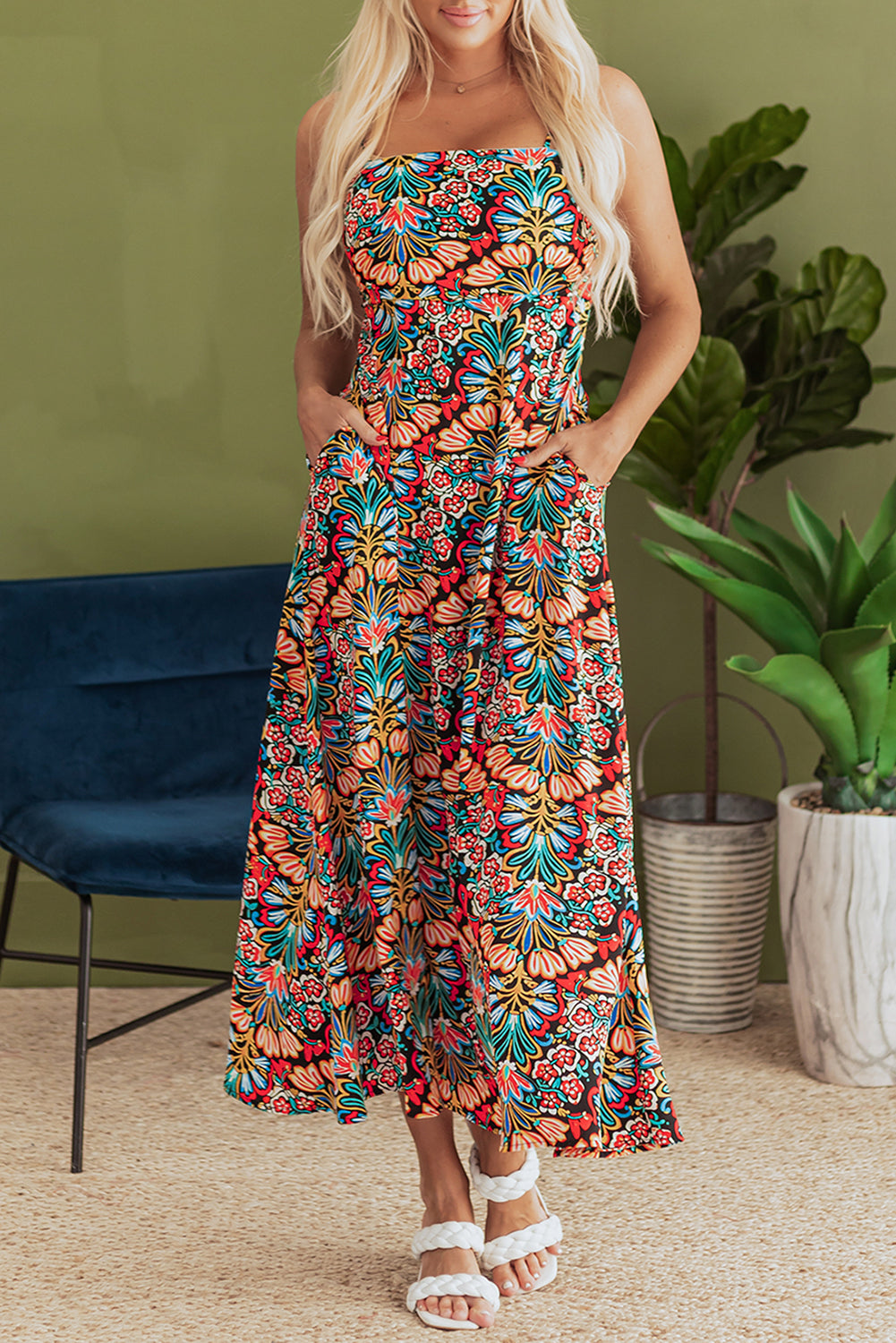 Black Boho Floral Print Thin Straps Sleeveless High Waist Maxi Dress