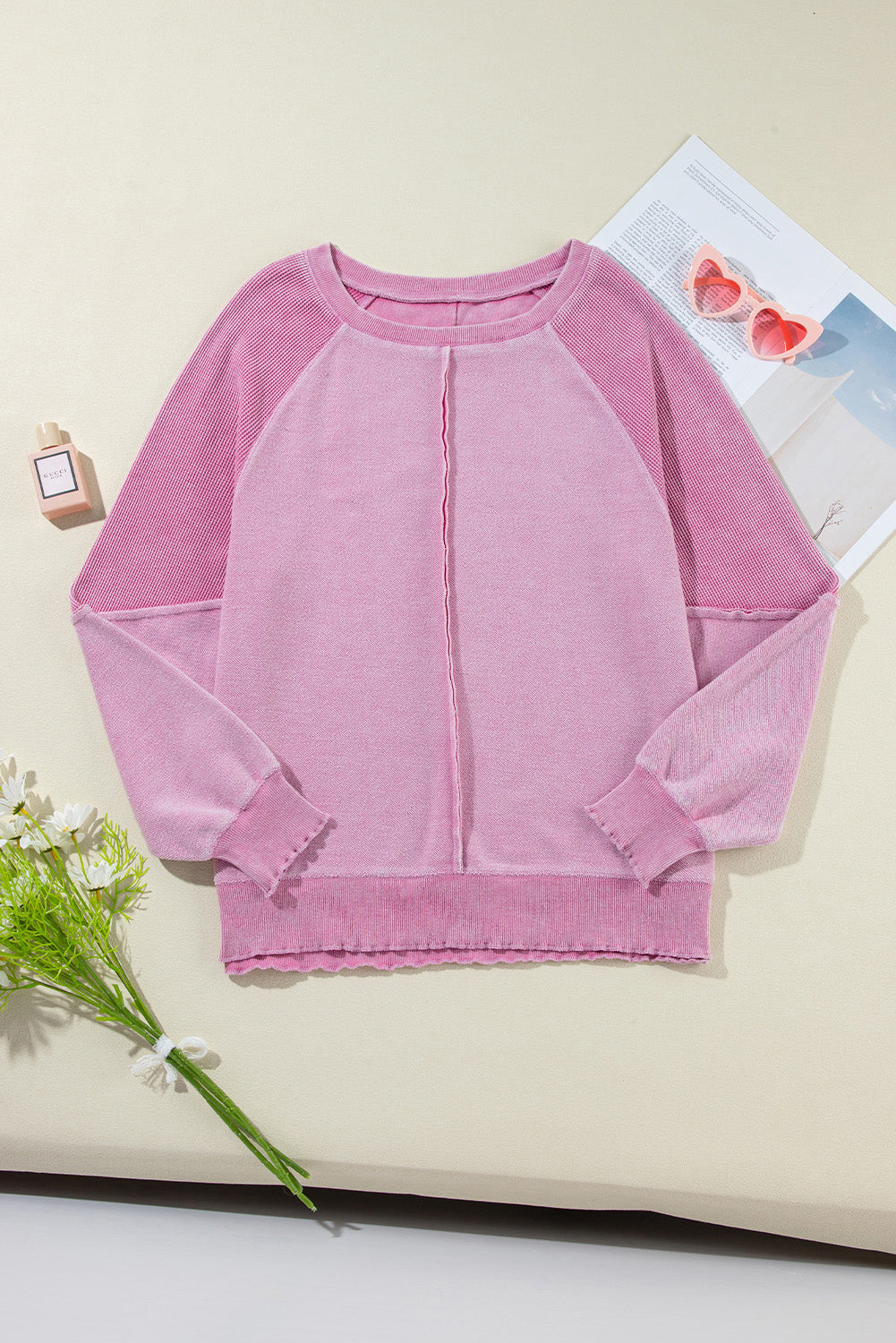 Pink Waffle Knit Patchwork Exposed Seam Raglan Sweatshirt