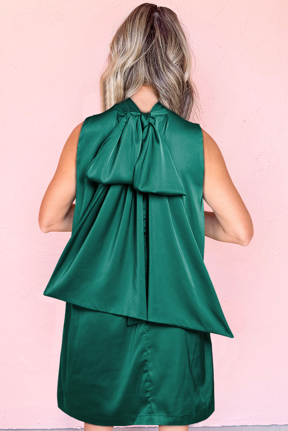 Evergreen Bow Tie Satin Shift Sleeveless Mini Dress